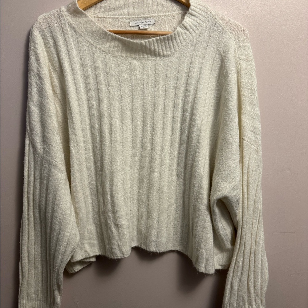 American Eagle Cream Cropped Ribbed Crew Neck Sweater